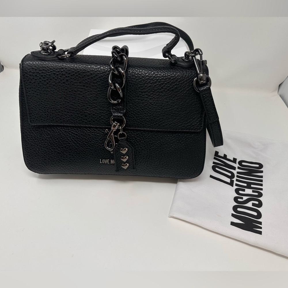 Love Moschino Red and Black crossbody bag with top handle.